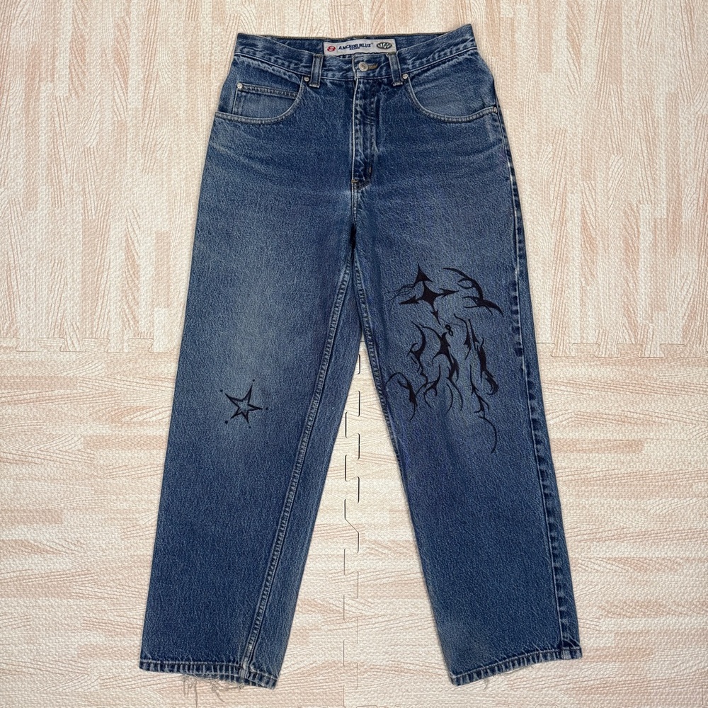 Y2K USA Made Anchor Blue Baggy Jeans Custom Tribal Graphic Vintage Size 30*X 29